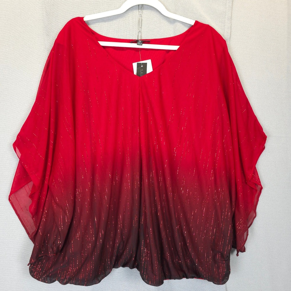 Sara Michelle Blouse Women 3X‎ Red Black Ombre Glittery Kimono Sleeves-Neck NWT